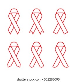 Red Ribbon AIDS, HIV Icon Illustration, Flat Color Outline Stroke Design Set Front And Back Side Isolated On White Background