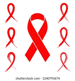 Red ribbon aids symbol in different style ink brush and hand drawn chalk designs. Set of red ribbons for aids prevention and awareness campaigns.