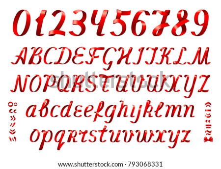 Red ribbon alphabet with numbers on white background. Italic font. Set of uppercase and lowercase letters with diacritic marks.