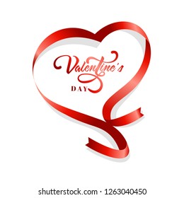 Red ribbon arranged in heart shape on white background. Valentines day template or greeting card design.