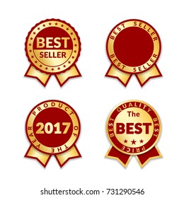 Red ribbon awards best seller of year 2017 set. Gold ribbon award icons isolated white background. Best product golden label for prize, badge, medal, guarantee quality product Vector illustration
