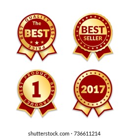 Red ribbon awards best seller of year 2017 set. Gold ribbon award icons isolated white background. Best product label for prize, badge, medal, guarantee quality product Vector illustration