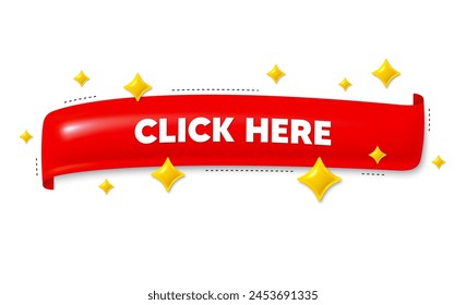 Red ribbon banner with 3d stars. Click here. Register announce sign. Order here offer symbol. Click here ribbon message. Flag frame banner with star. Label badge template. Vector