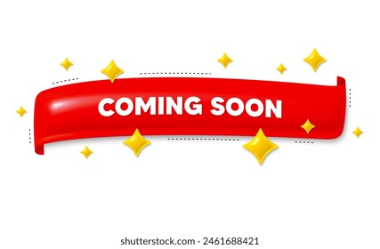 Red ribbon banner with 3d stars. Coming soon. Promotion banner sign. New product release symbol. Coming soon ribbon message. Flag frame banner with star. Label badge template. Vector