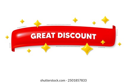 Red ribbon banner with 3d stars. Great discount. Special offer price sign. Advertising sale symbol. Great discount ribbon message. Flag frame banner with star. Label badge template. Vector