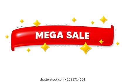 Red ribbon banner with 3d stars. Mega Sale. Special offer price sign. Advertising Discounts symbol. Mega sale ribbon message. Flag frame banner with star. Label badge template. Vector