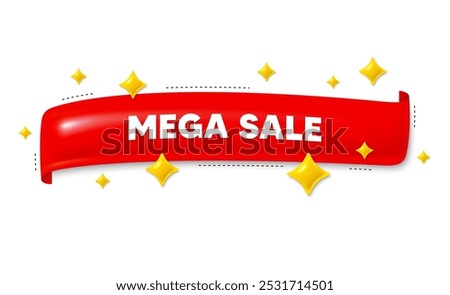 Red ribbon banner with 3d stars. Mega Sale. Special offer price sign. Advertising Discounts symbol. Mega sale ribbon message. Flag frame banner with star. Label badge template. Vector