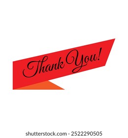 Red ribbon banner with ‘Thank You!’ in black cursive text on a white background. suitable for thank-you cards, social media posts, or presentations.