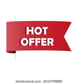 Red ribbon banner. Hot offer text. Promotional vector tag. Bold shape graphic.