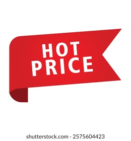 Red ribbon banner, "HOT PRICE" text, white typography, sales promotion, marketing design, folded edge, bright red color, simple graphic, attention-grabbing, retail advertisement, vector style.