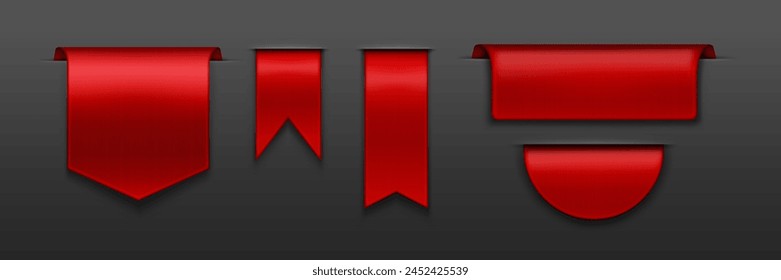 Red ribbon banner isolated. Satin tag or sale badge offer. 3d silk flag set. Bookmark mockup design. Vintage promo header template icon. Fabric price emblem or blank promotion sticker decoration