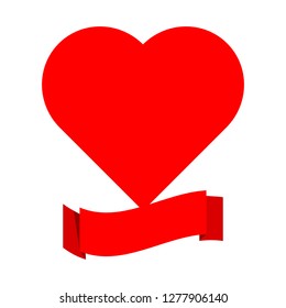 red ribbon banner label with big heart shape above isolated on white background; vector illustration 
