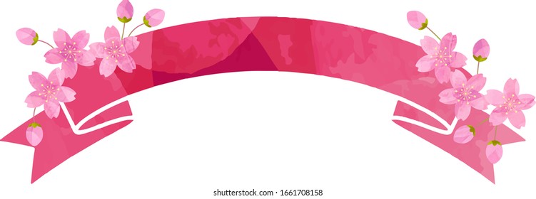 red ribbon banner with pink cherry blossoms,cutout picture style,vector illustration