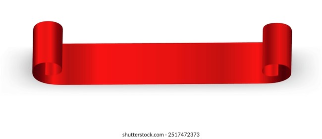 Red Ribbon Banner Realistic shiny satin with shadow, horizontal red ribbon Curl for decorate your wedding invitation card ,greeting card or gift boxes vector EPS10 isolated on white background.