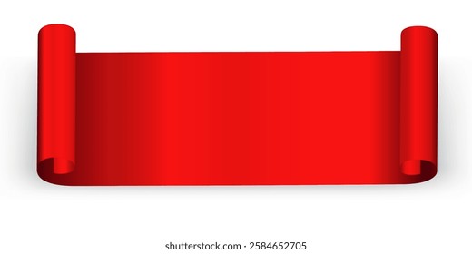 Red Ribbon Banner Realistic shiny satin with shadow, horizontal red Big ribbon Curl for decorate your wedding invitation card ,greeting card or gift boxes vector EPS10 isolated on white background.