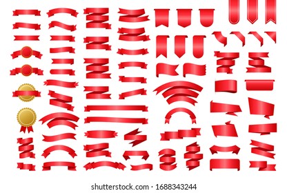 Red Ribbon banner. Ribbons, great design for any purposes. Royal ribbon. Decoration element. Medal set. Discount banner promotion template. Discount sticker. Vector stock illustration.