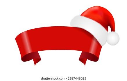 Red Ribbon Banner With Santa Claus CapWith Gradient Mesh, Vector Illustration 