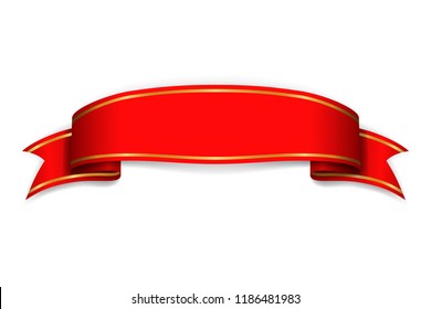 Red ribbon banner. Satin blank. Design label scroll ribbon bow blank element isolated on white background. Empty banner template for greeting, advertising, decoration Vector illustration