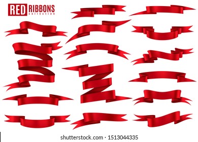 Red ribbon banner. Scarlet silk decorative empty shiny tape banners for discount offer and gift. Realistic 3d isolated vector template bright curling set