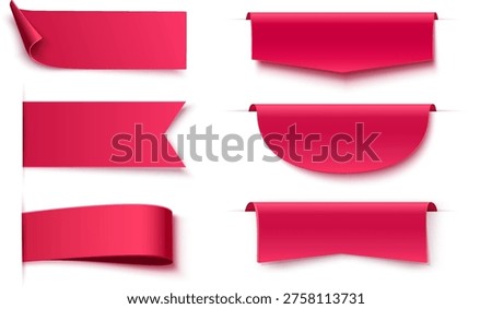 Red ribbon banner set with folded paper shapes and realistic shadows isolated design collection