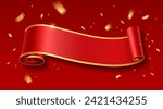 Red Ribbon banner, Small pieces of gold ribbon flying, horizontal curve realistic on red background, Eps 10 vector illustration
