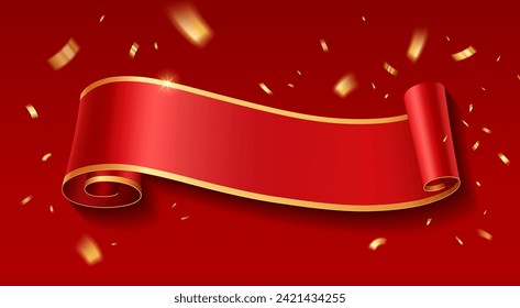 Red Ribbon banner, Small pieces of gold ribbon flying, horizontal curve realistic on red background, Eps 10 vector illustration
