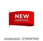Red ribbon banner with white text NEW ARRIVAL angled on white background new arrival