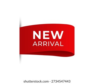 Red ribbon banner with white text NEW ARRIVAL angled on white background new arrival
