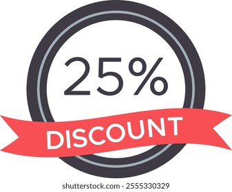 Red ribbon banner wrapped around a circular badge promoting a twenty five percent discount, perfect for retail sales and marketing campaigns