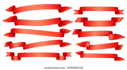 Red ribbon banners collection. Different lengths and shapes. Decorative elements. Title placeholders. Satin-like realistic texture. Vector illustration isolated on white.