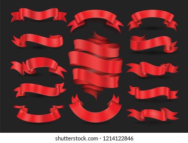 Red ribbon banners collection for illustration Holiday poster and card. Vector element for Christmas New Year and Birthday.