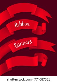 Red ribbon banners isolated on a dark background. Stock vector illustration.