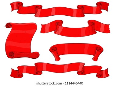 Red ribbon banners and scrolls. Hand drawn sketch. Vector illustration isolated on white background