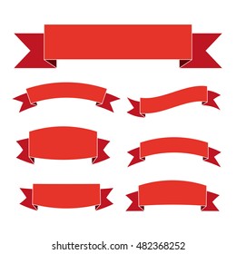 Red ribbon banners set. Beautiful blank for decoration graphic. Old vintage style Flat design. Premium decorative elements isolated on white background. Template labels Vector illustration