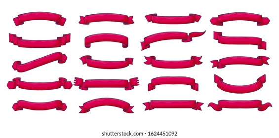 Red ribbon banners vector set. Vintage scrolls of blank tape and band with curled edges and swirls. Festive decorations for winner award, celebration and sale advertisement, Christmas or birthday gift