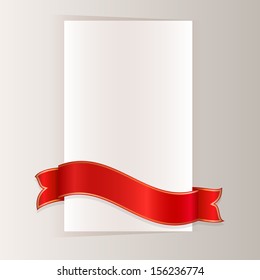 Red ribbon bending around blank paper card vector template.