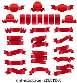 Red Ribbon Big Set And Isolated White Background With Gradient Mesh, Vector Illustration