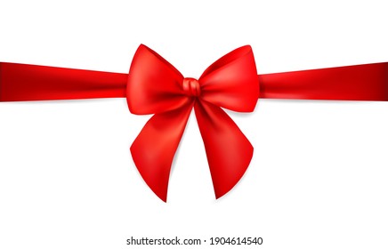 Red ribbon with bow for card isolated on white background. Xmas present. Holiday decoration. Realistic 3d vector illustration.