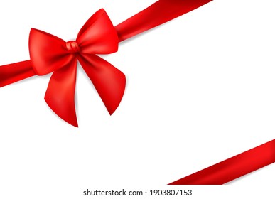 Red ribbon with bow for card on white background. Xmas present. Holiday decoration. Realistic 3d vector illustration.