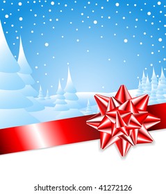 Red ribbon with bow with Christmas landscape in the background