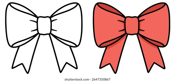 Red Ribbon Bow Clipart – Coloring Page and Colored Version for Kids DIY, Fashion, and Craft Projects