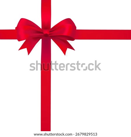 Red ribbon bow and cross gift wrap isolated on white background. Elegant decoration for presents, holidays, celebrations, Christmas, New Year, wedding, and birthday packaging design.