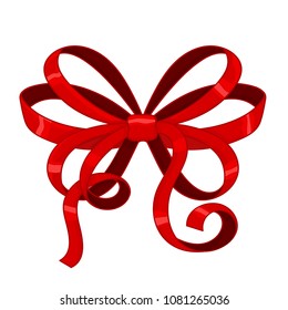 Red ribbon bow with curly edges. Vector 3d illustration isolated on white background