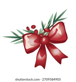 Red ribbon bow with evergreen branches and berries elegant Christmas decoration clipart for festive winter holiday design projects
