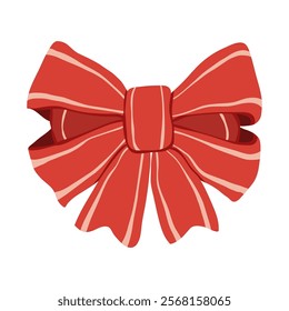 Red ribbon bow flat vector illustration. Holiday bow for gift wrapping. Hand-drawn bow knot for Christmas, Valentine's Day, New Year, holiday celebration, birthday gift box, card, party decorations.