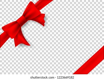 Red ribbon with bow for gift box. Template isolated on a transparent background. Vector illustration.