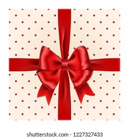 Red ribbon bow with gift box vector isolated on white background. Realistic ribbon bow top-down view. Xmas gift with bow decoration. Vector illustration.