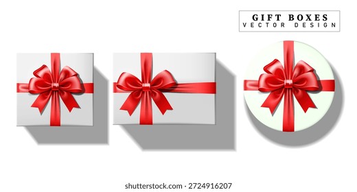 rote Schleife Bogen Geschenkbox Set Design einzeln auf weißem Hintergrund Draufsicht.Valentinstag, Weihnachtsfeiertag und andere schöne Feier Konzept realistische Geschenk Vektorgrafik.