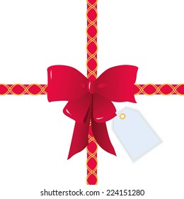 Red Ribbon and Bow for Gift Wrapping. Vector illustration of a red bow, ribbons with golden decorations and a blank tag. Perfect to celebrate Christmas, Valentine's Day, anniversaries and birthdays.