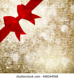 Red ribbon bow with gold mosaic bokeh. Christmas decoration. EPS 10 vector file included